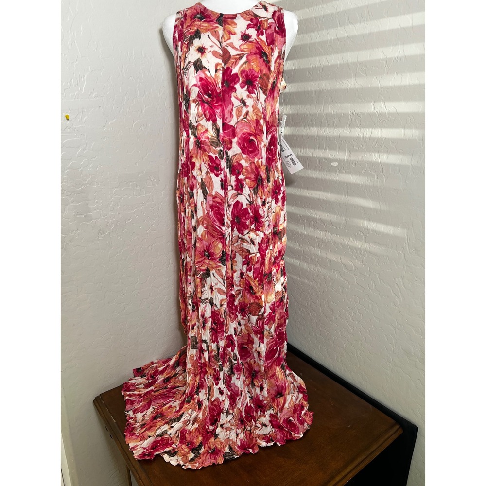 Nostalgia Pink Orange Floral Pleated Crinkle Maxi Dress Sleeveless Womens Large